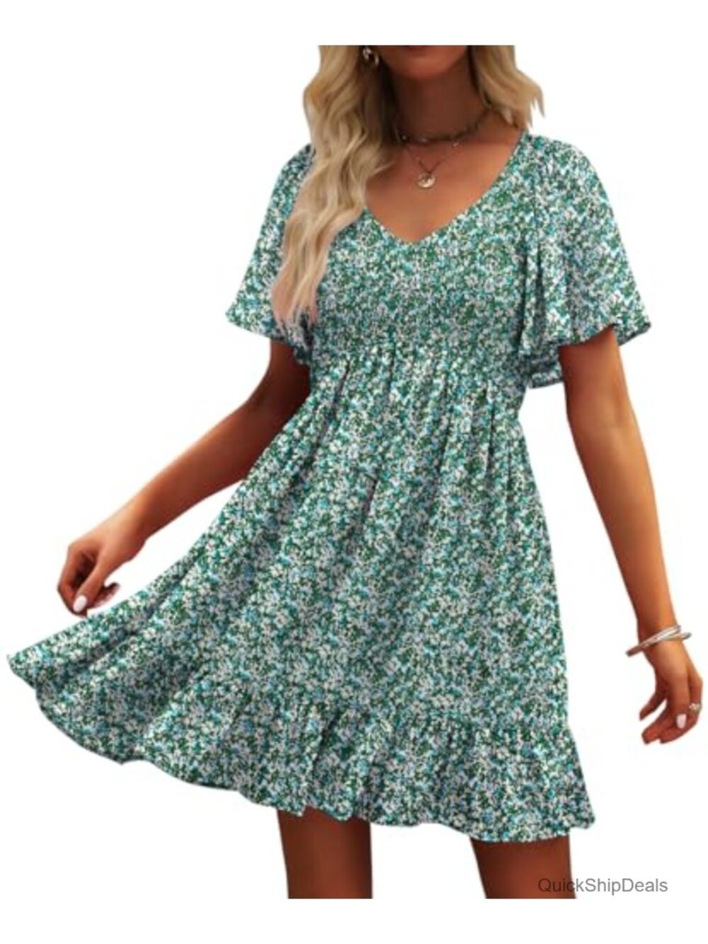 Womens Floral Smocked V Neck Flutter Sleeve Casual Summer Sun Dress